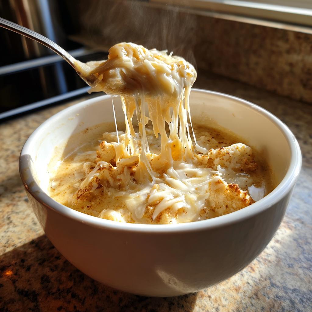 Steaming creamy cauliflower soup with cheddar light and melted cheese strands in a white bowl.