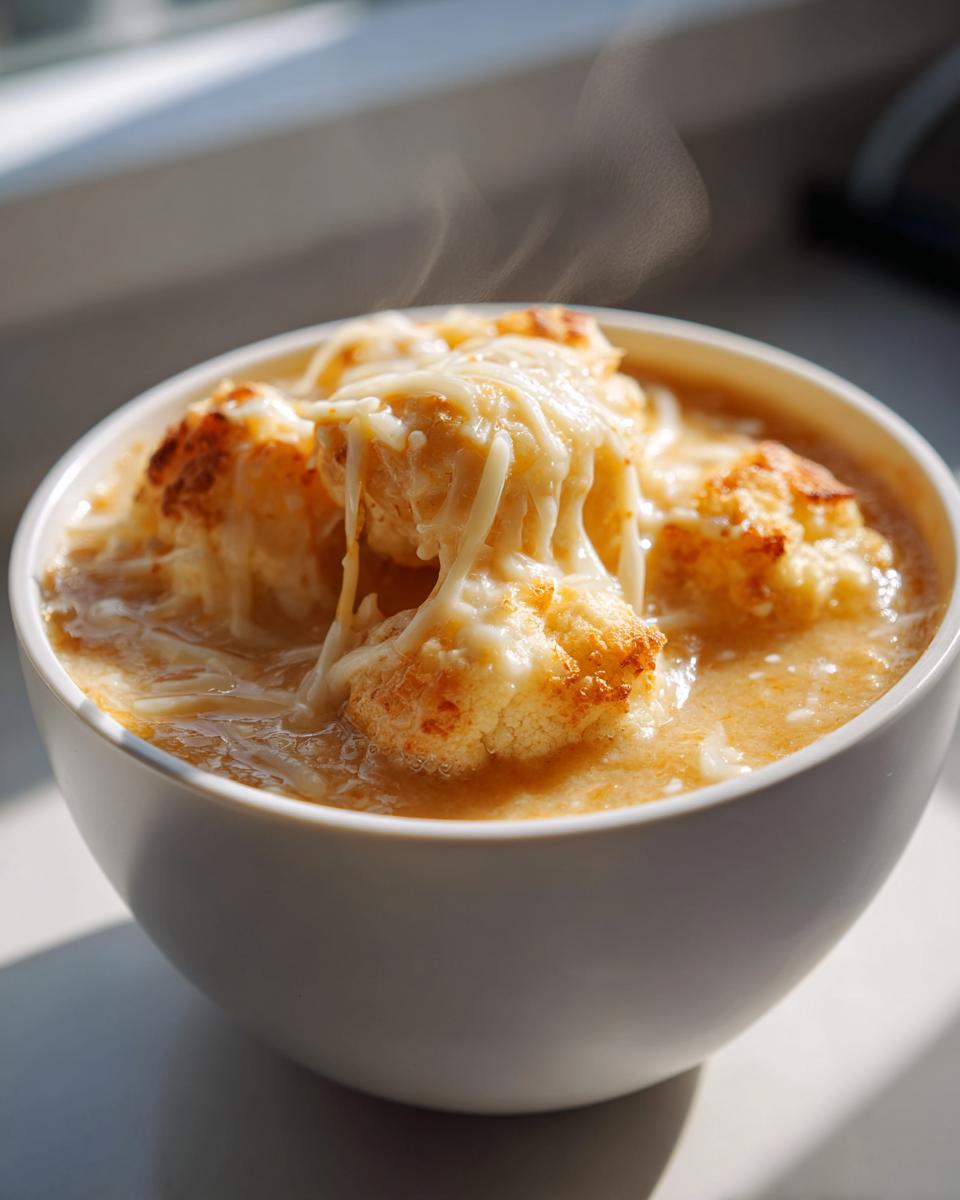 Bowl of creamy cauliflower soup with cheddar light topped with melted cheese and roasted cauliflower florets