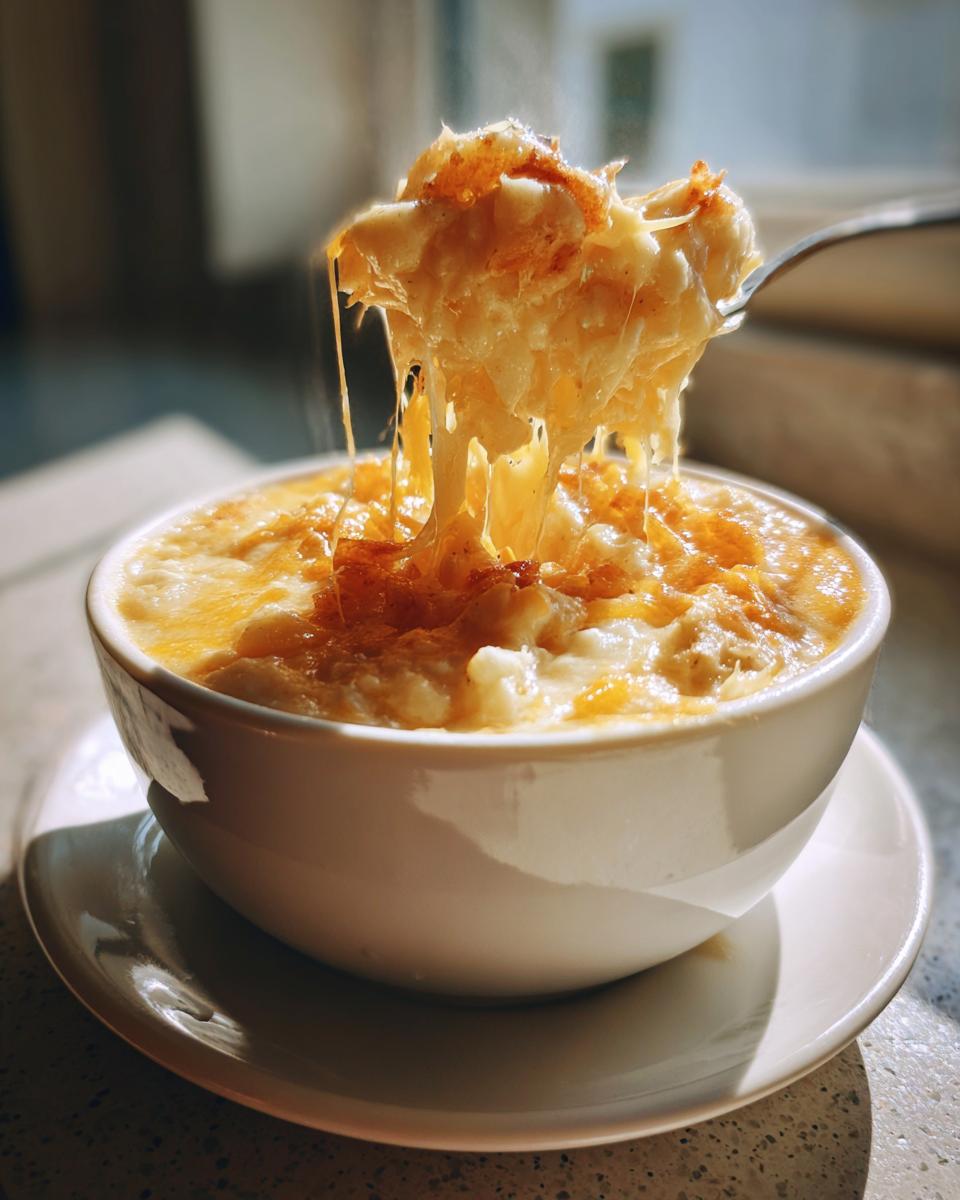 A spoon lifting cheesy creamy cauliflower soup with cheddar light from a white bowl