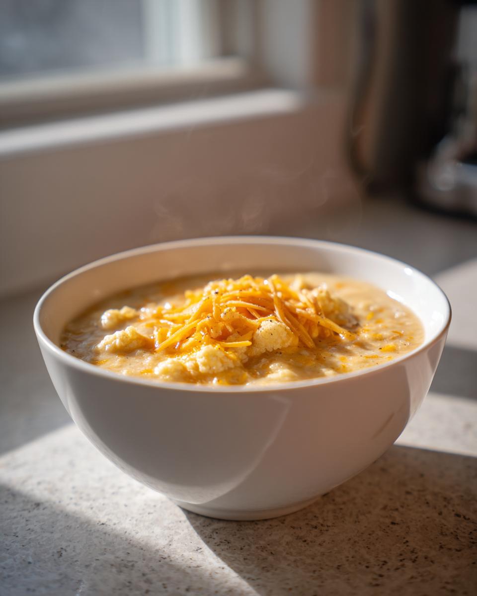 White bowl filled with creamy cauliflower soup with cheddar light topped with shredded cheddar cheese