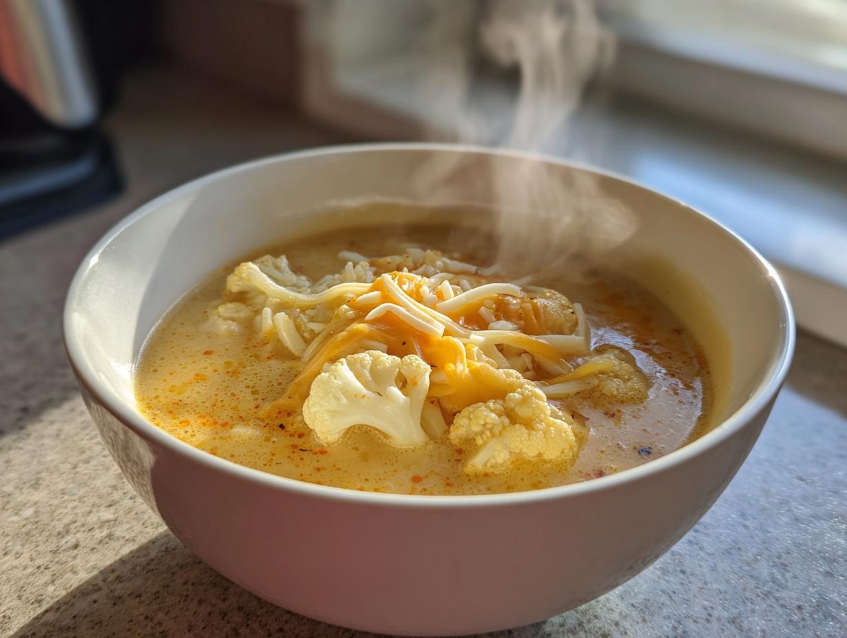White bowl filled with creamy cauliflower soup with cheddar light, topped with cauliflower florets and shredded cheese.