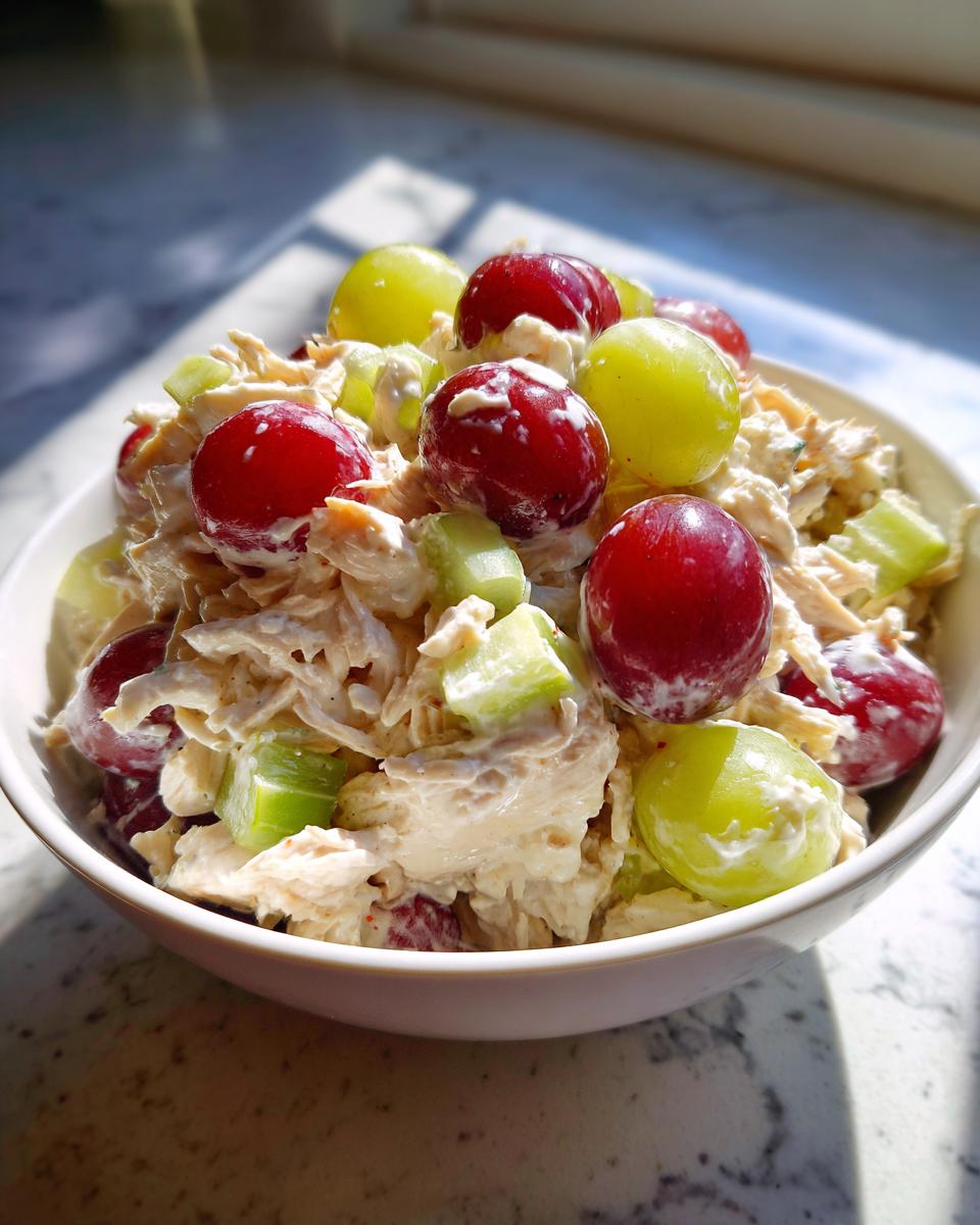 Bowl of creamy chicken salad with grapes and Greek yogurt on marble countertop