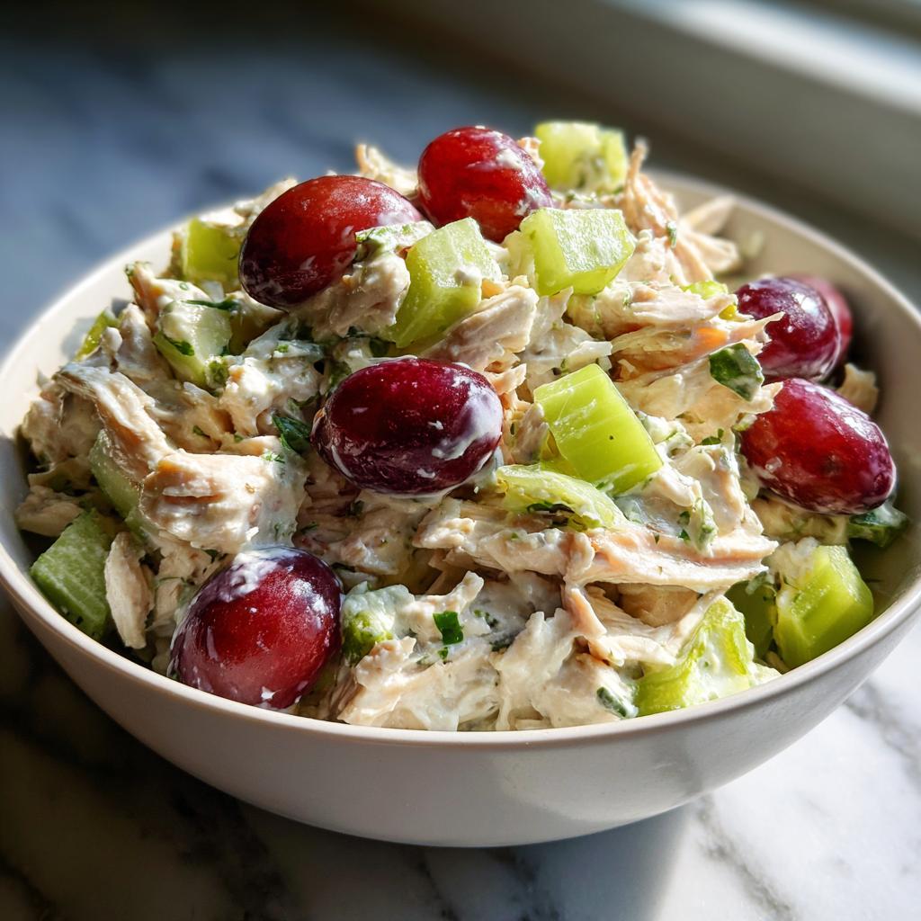 Bowl of chicken salad with grapes, celery, and creamy Greek yogurt dressing