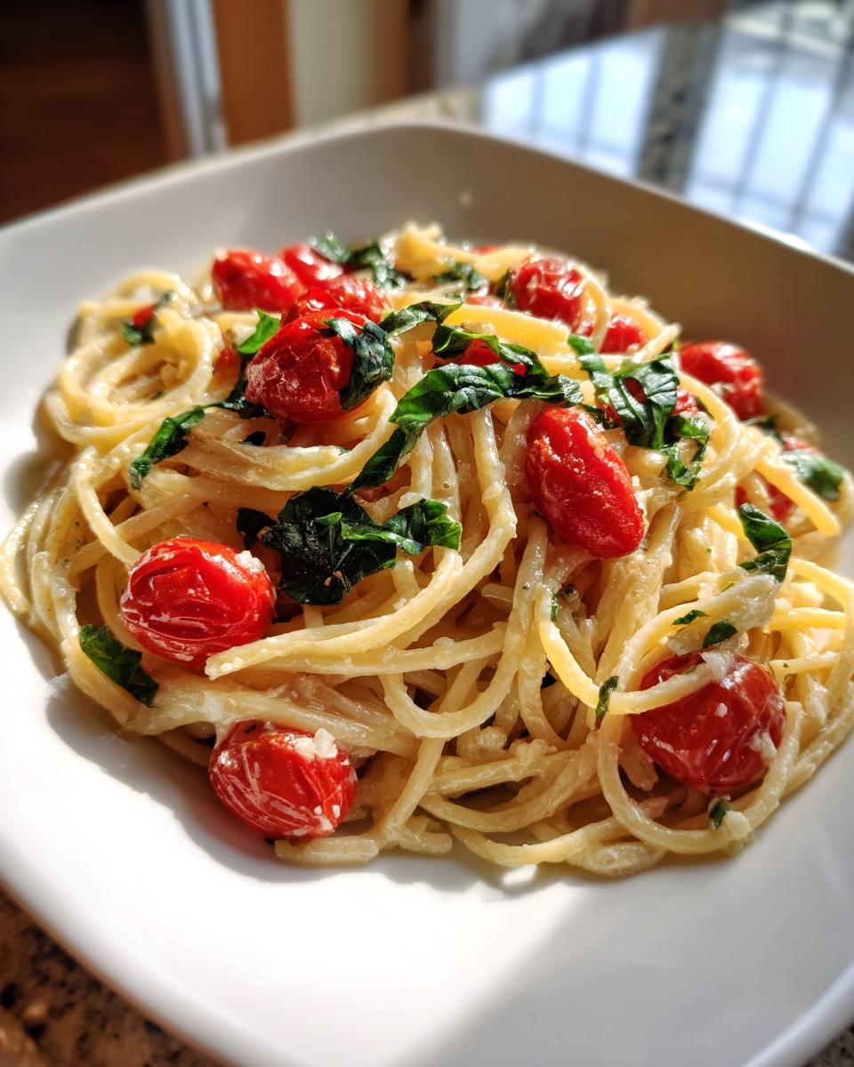 Close-up of creamy pasta with roasted cherry tomatoes and fresh basil in a white bowl