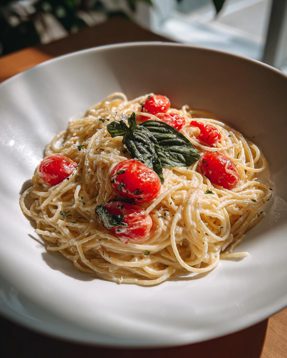 Plate of creamy spaghetti pasta with cherry tomatoes and fresh basil leaves