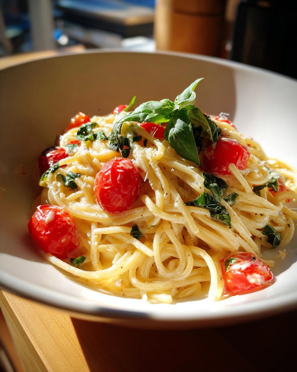 Bowl of creamy spaghetti pasta with cherry tomatoes and fresh basil leaves