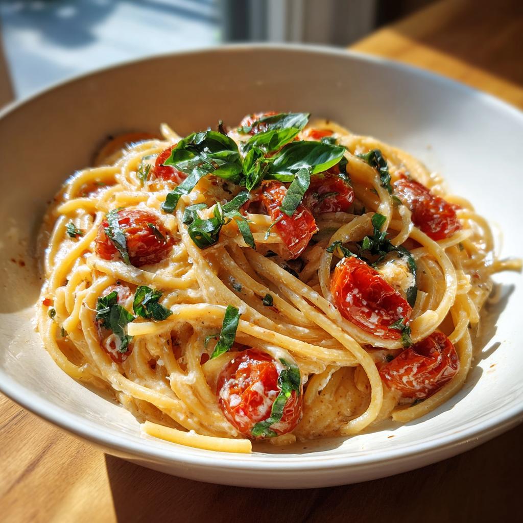 Bowl of creamy spaghetti pasta with roasted cherry tomatoes and fresh basil leaves