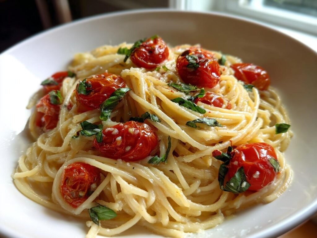 Plate of creamy spaghetti pasta with roasted cherry tomatoes and fresh basil, a valentines date night pasta recipes dish