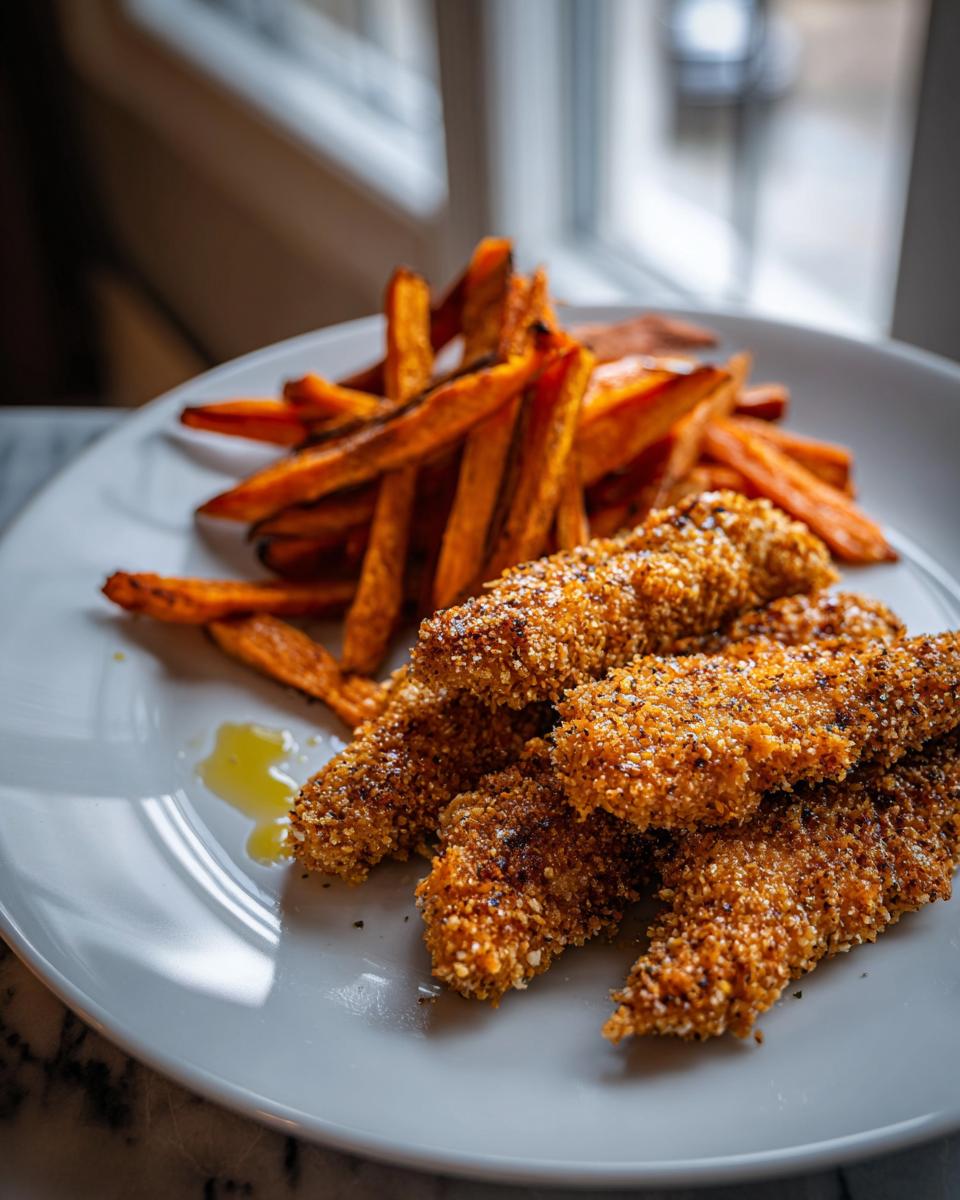 Plate of crispy baked chicken tenders served with golden sweet potato fries.