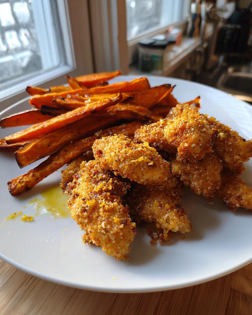 Plate of crispy baked chicken tenders served with golden sweet potato fries.