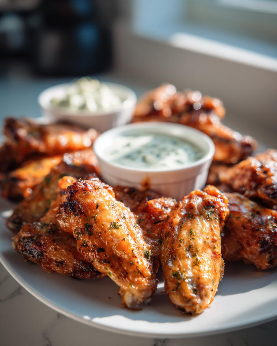 Plate of crispy chicken wings served with creamy dips for super bowl party wings and dips ideas