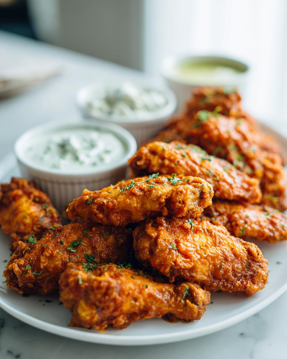Plate of crispy fried chicken wings garnished with herbs served with creamy dips for super bowl party wings and dips ideas