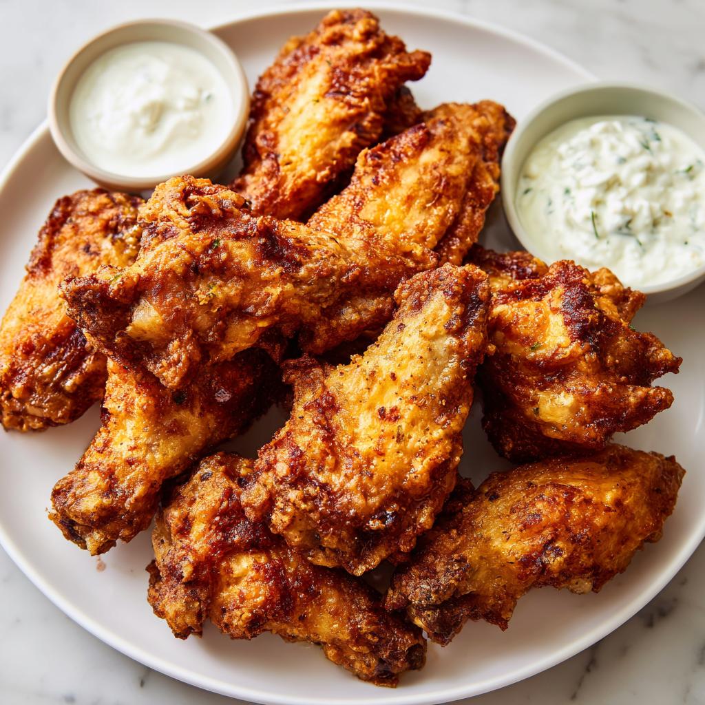 Plate of crispy fried wings served with two creamy dips for super bowl party wings and dips ideas