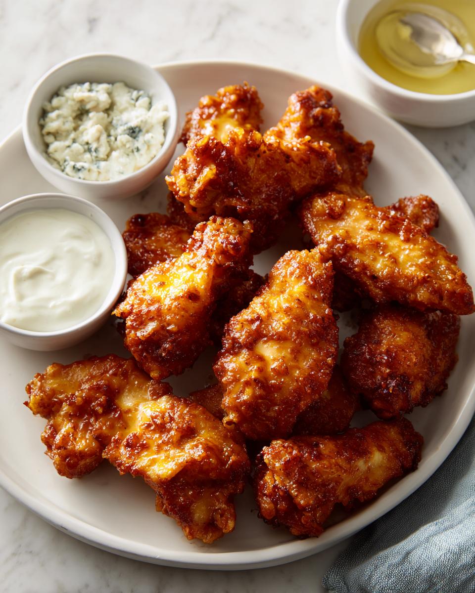 Plate of crispy golden Super Bowl party wings served with creamy dips.