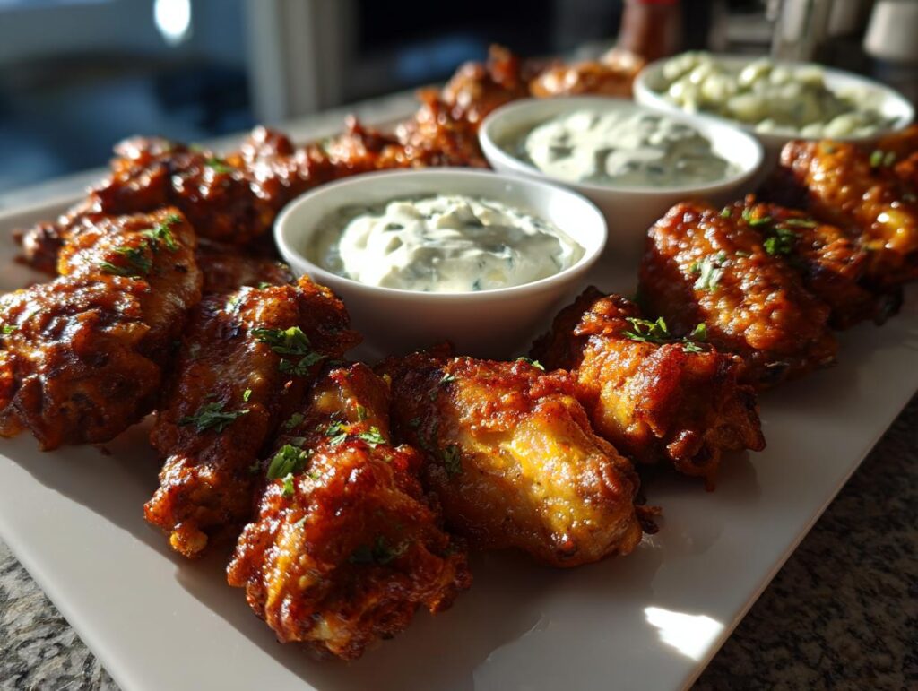 Plate of crispy super bowl party wings garnished with herbs and served with creamy dips