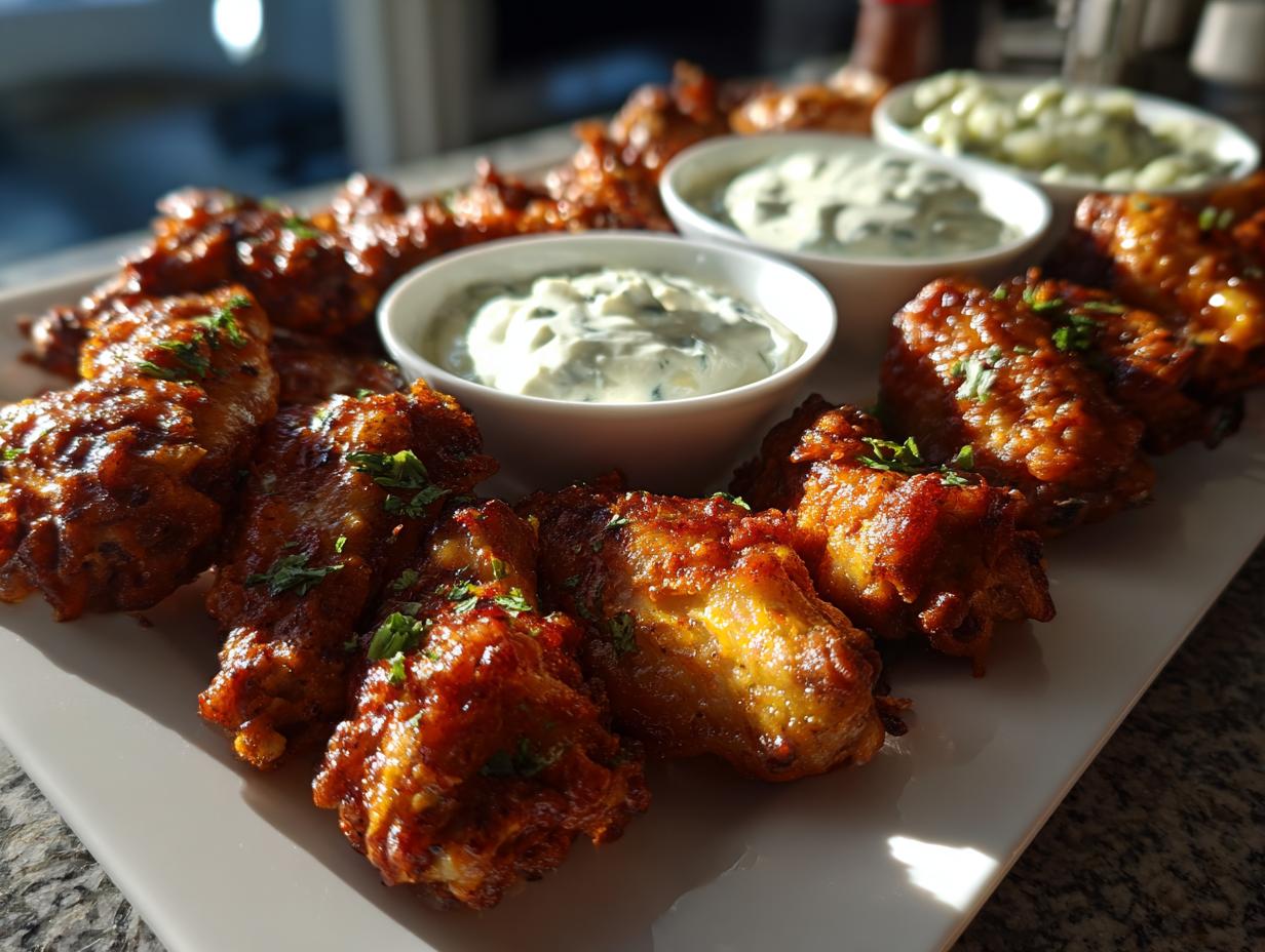 Plate of crispy super bowl party wings garnished with herbs and served with creamy dips