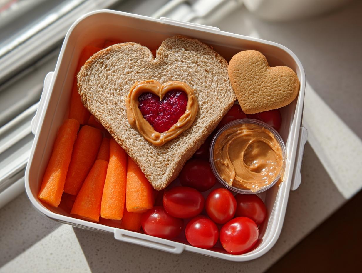 Lunchbox with heart-shaped peanut butter and jelly sandwich, carrot sticks, cherry tomatoes, and heart cookie