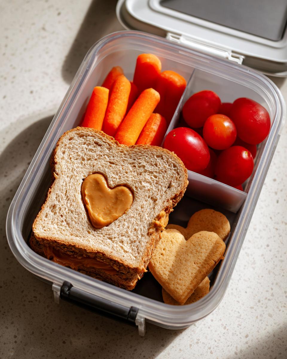 Lunchbox with sandwich featuring heart-shaped peanut butter, baby carrots, cherry tomatoes, and heart cookies.