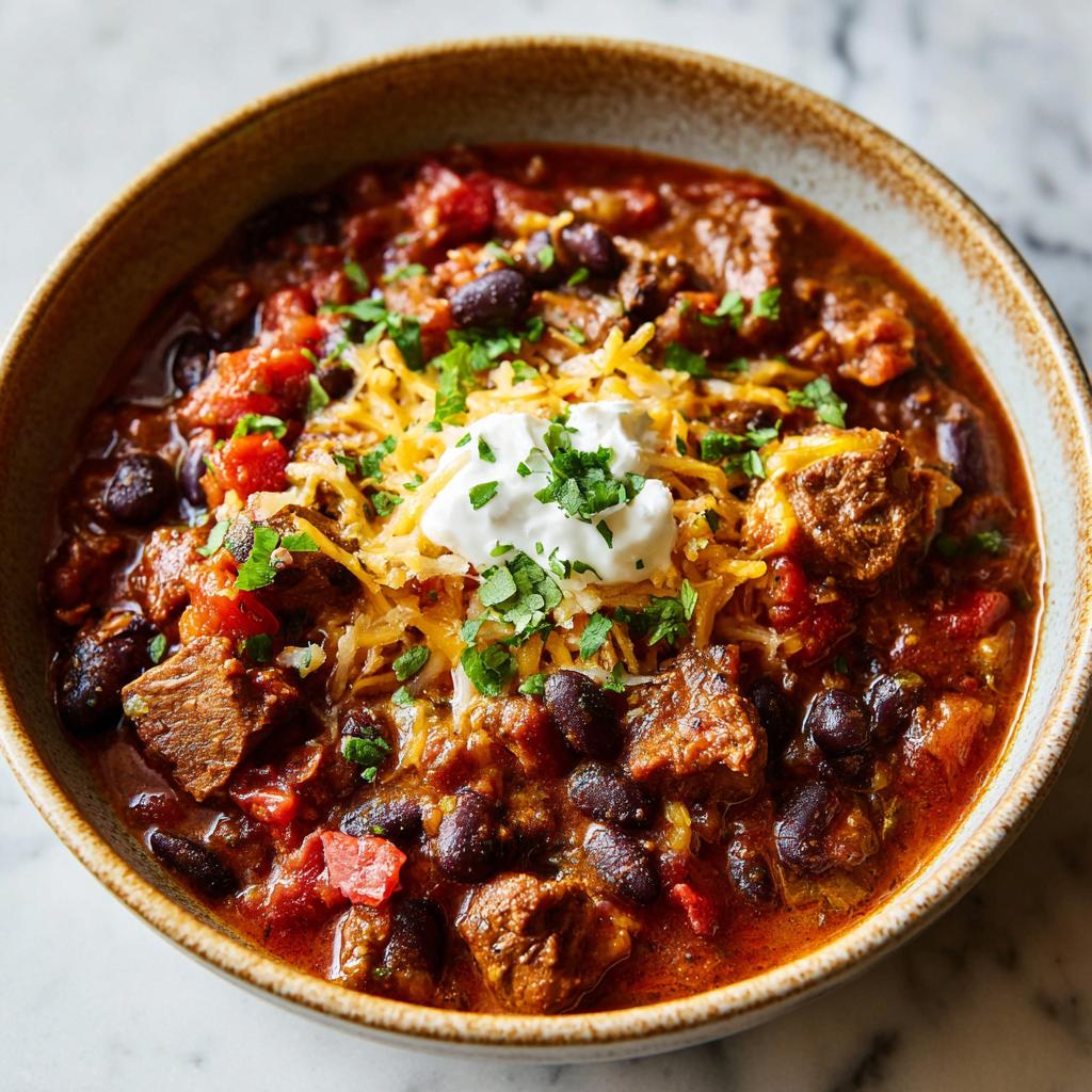 Bowl of easy super bowl slow cooker chili recipe topped with shredded cheese, sour cream, and cilantro.