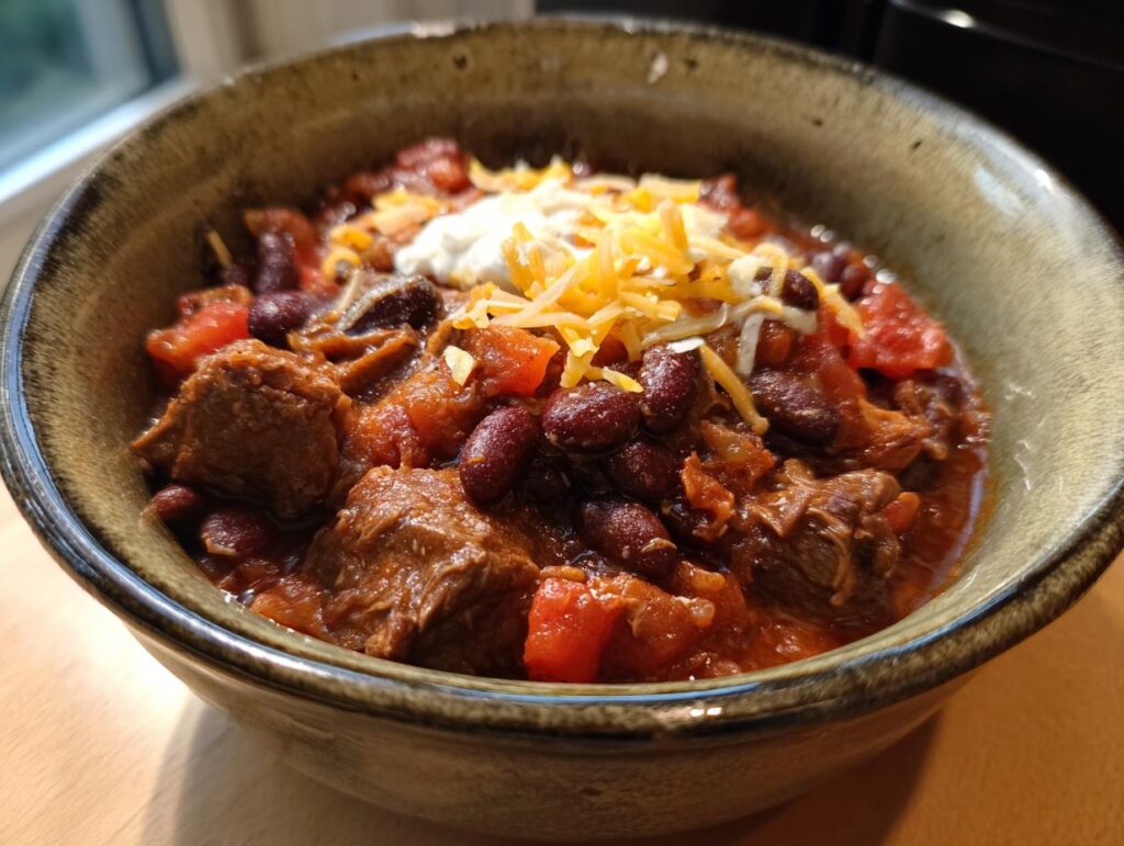 Bowl of easy super bowl slow cooker chili recipe with beef, beans, tomatoes, cheese, and sour cream