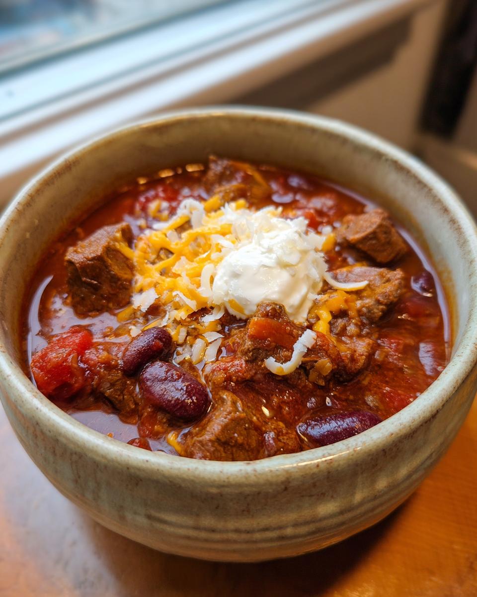 Bowl of easy super bowl slow cooker chili recipe with beef, beans, cheese, and sour cream