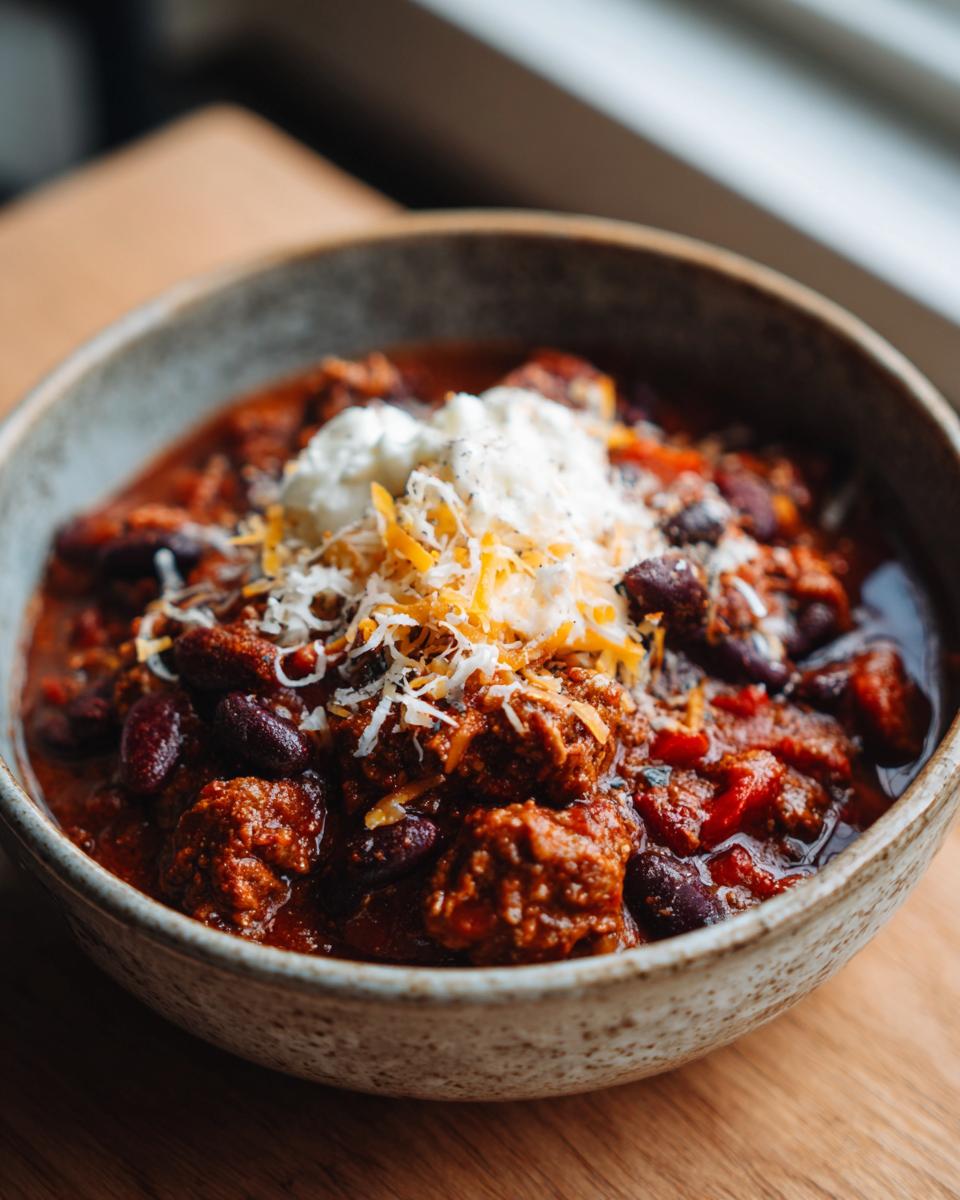 Bowl of easy super bowl slow cooker chili recipe topped with shredded cheese and sour cream