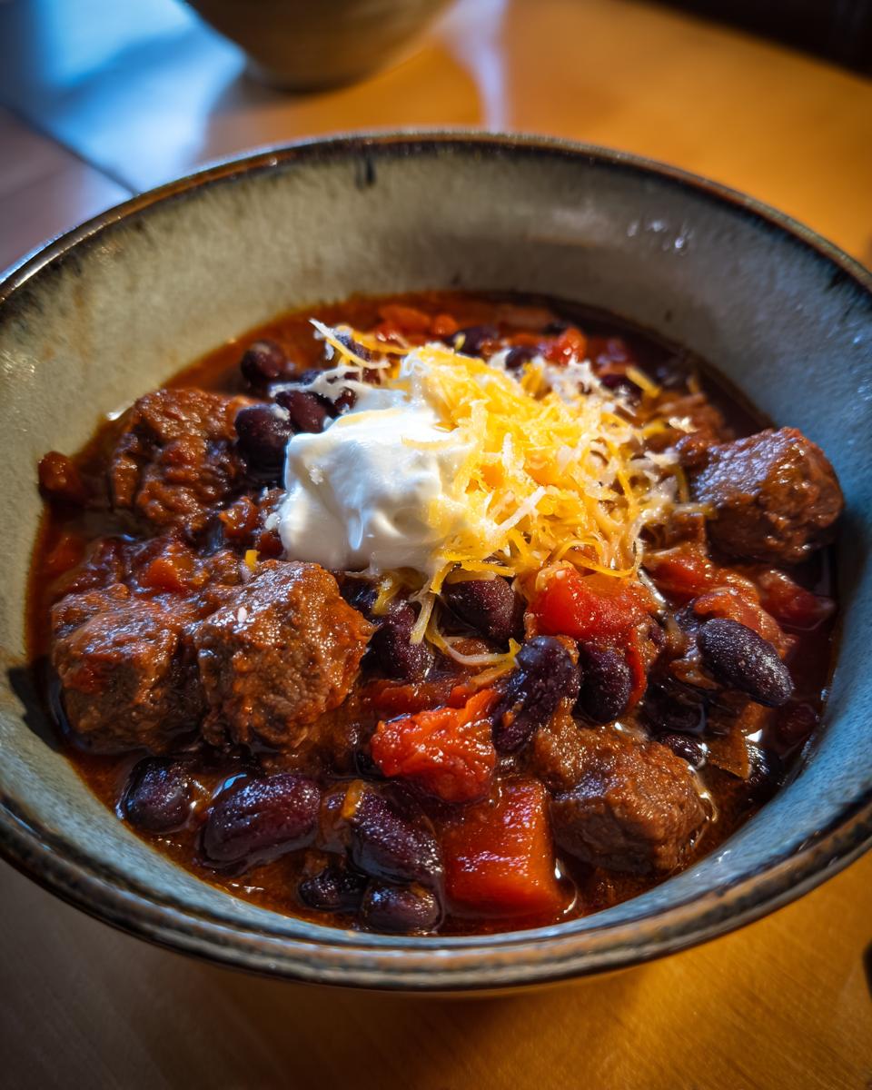 Bowl of easy super bowl slow cooker chili recipe topped with sour cream and shredded cheese