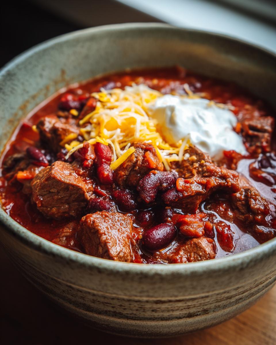 Close-up of easy super bowl slow cooker chili recipe with beef, kidney beans, shredded cheese, and sour cream