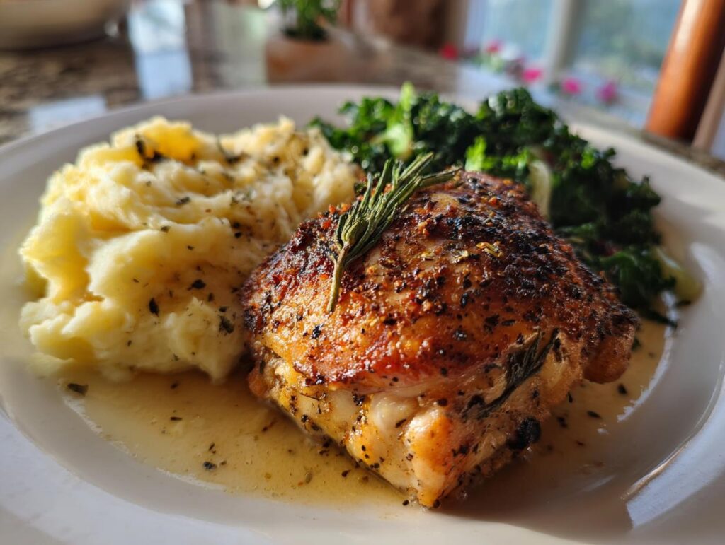 Plate with herb-roasted chicken thigh, mashed potatoes, and sautéed greens for february cozy date night dinner recipes
