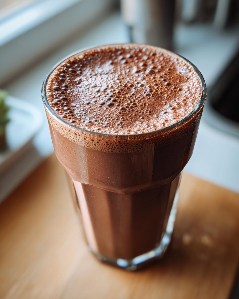 Close-up of a frothy high protein chocolate smoothie in a clear glass on a wooden surface.