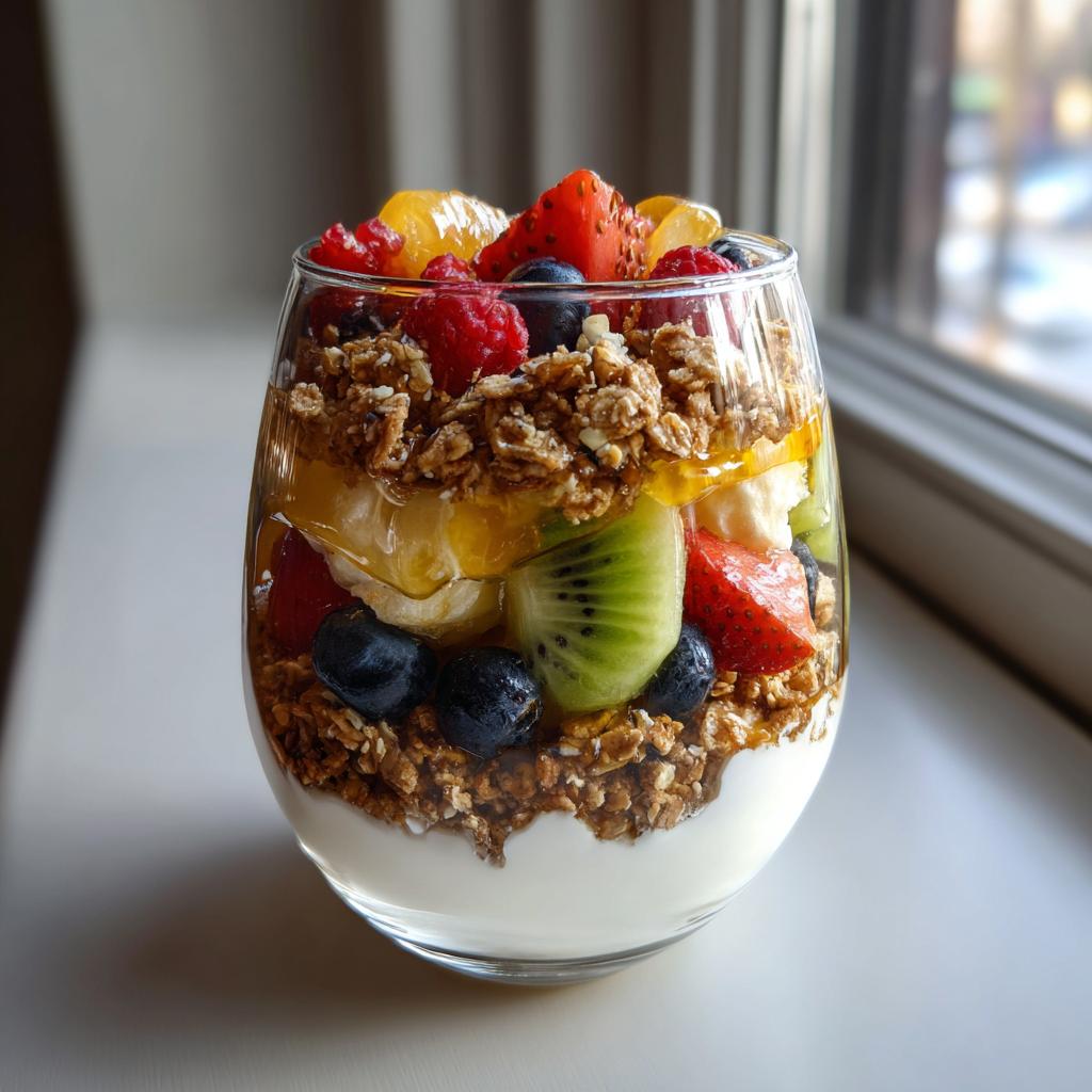 Glass of greek yogurt parfait with fresh fruit, granola, and honey on a white surface near window.