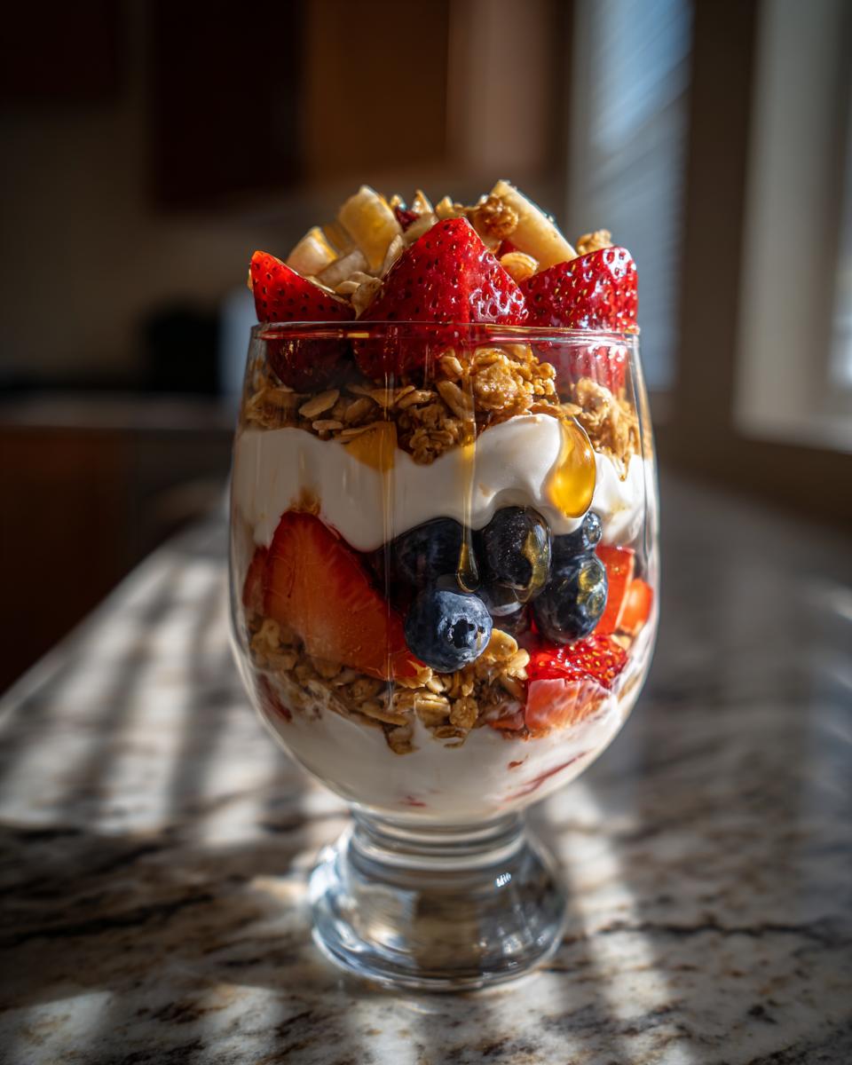 Glass of greek yogurt parfait with fresh fruit, granola, and honey drizzle on a marble countertop.