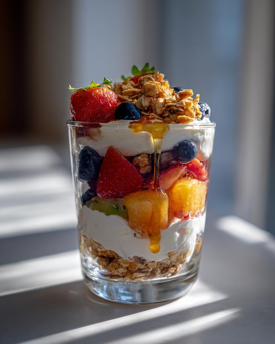 Glass of greek yogurt parfait with fresh fruit, granola, and honey drizzle