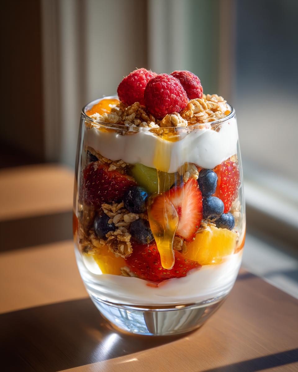 Glass of greek yogurt parfait with fresh fruit, granola, and honey drizzle