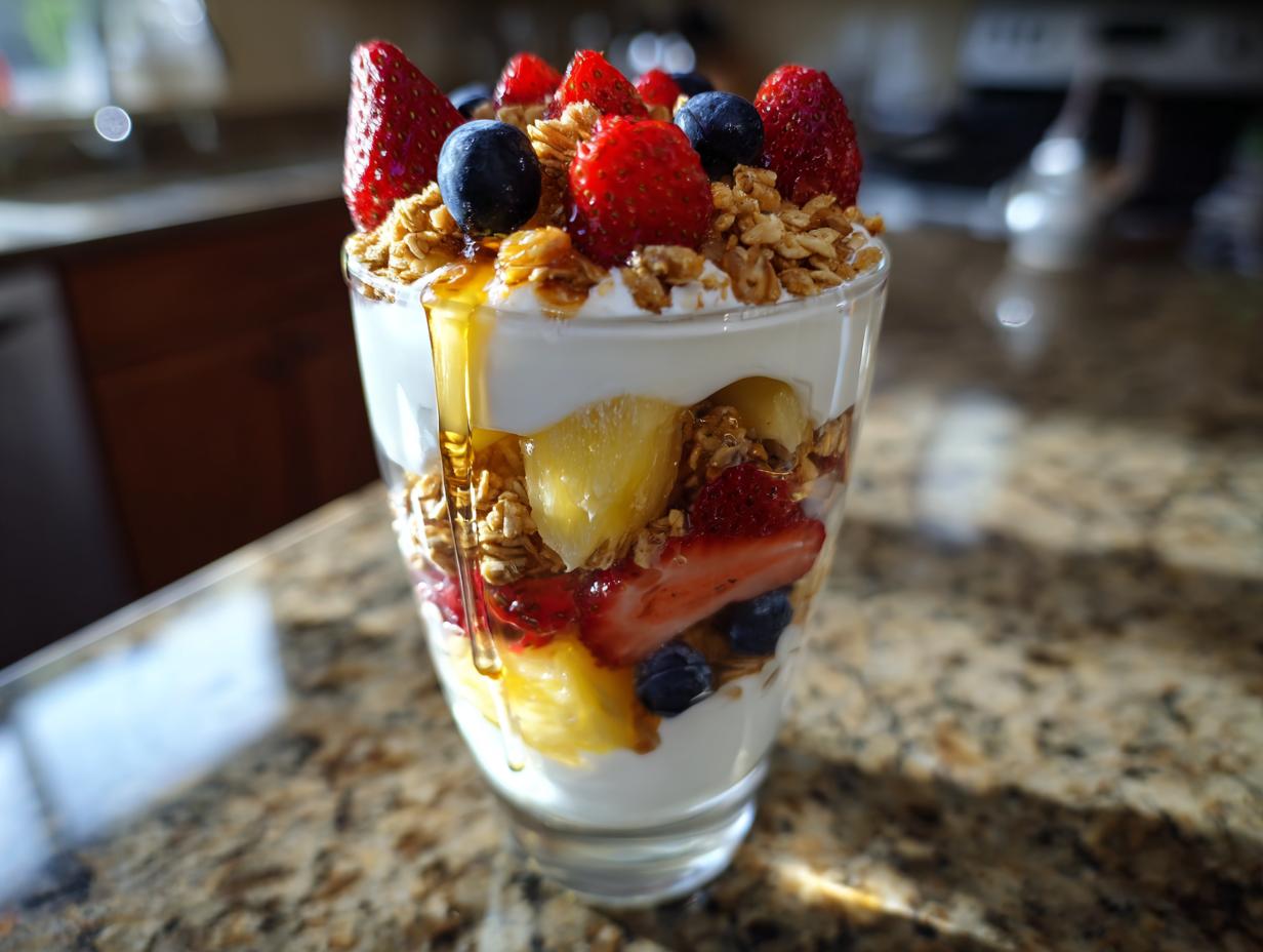Glass of greek yogurt parfait with fresh fruit, granola, and honey drizzle on granite countertop