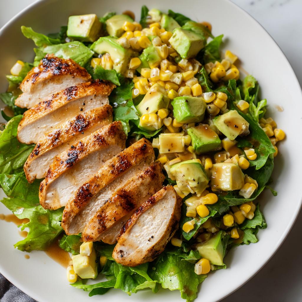 Plate of grilled chicken salad with avocado chunks, corn, and leafy greens drizzled with dressing