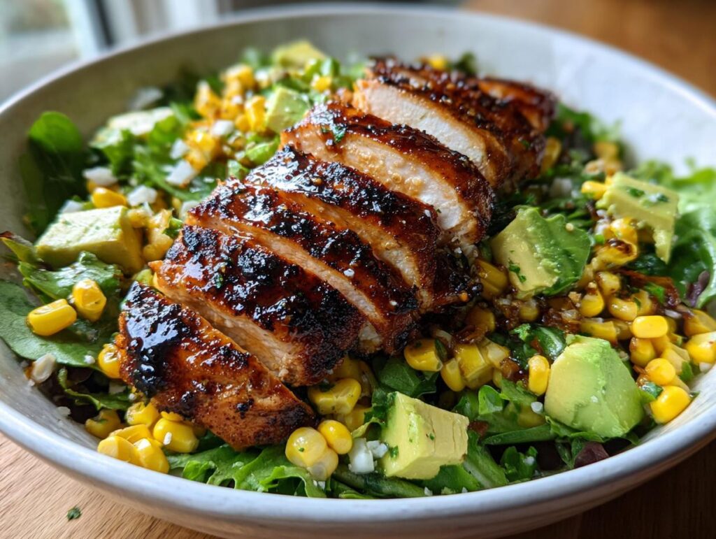 Bowl of grilled chicken salad with avocado, corn, and mixed greens