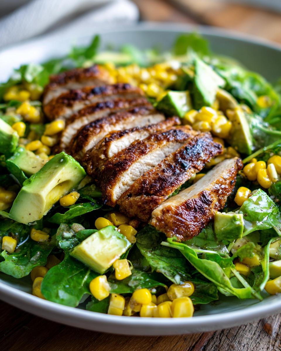 Close-up of grilled chicken salad with avocado chunks, corn, and leafy greens in a bowl.