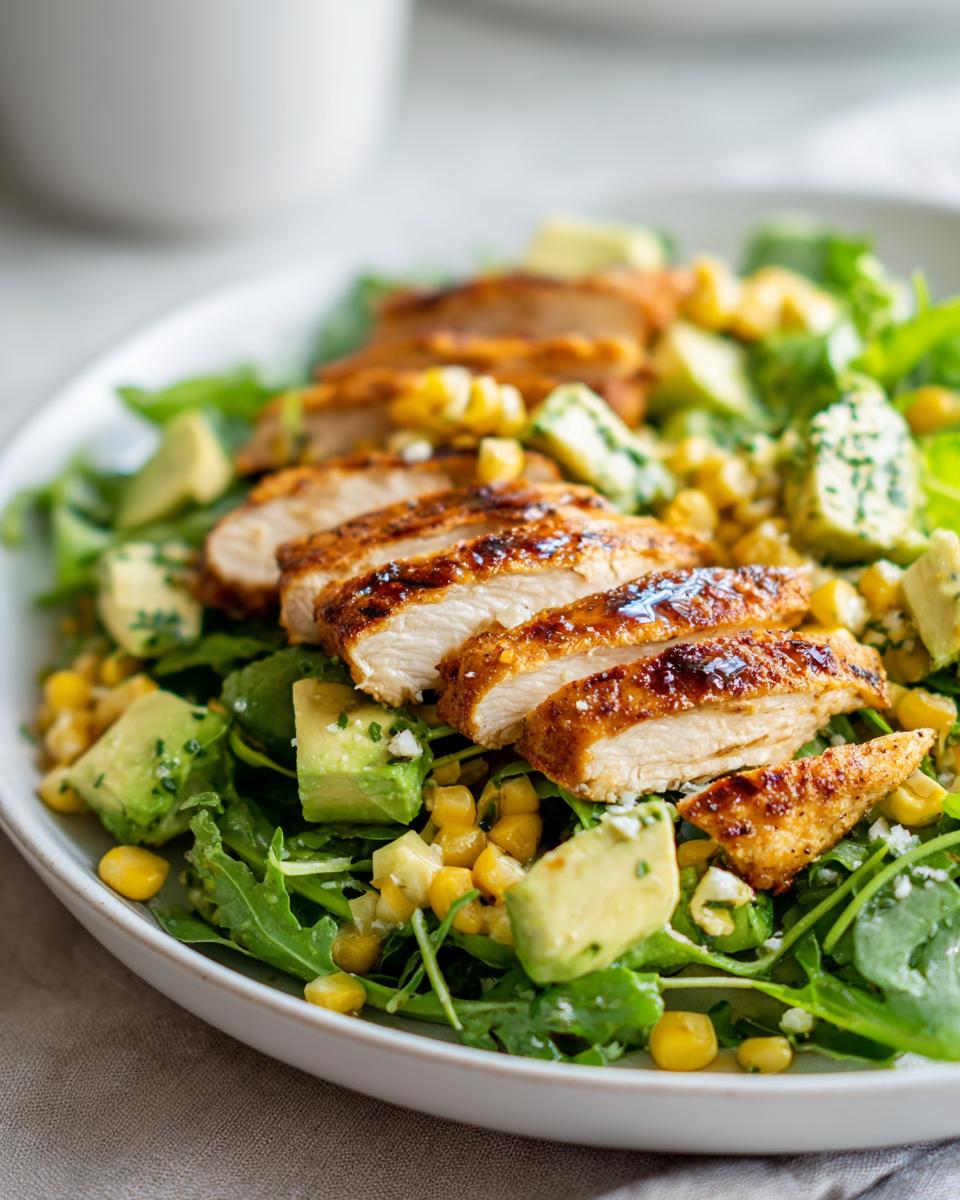 Close-up of grilled chicken salad with avocado and corn on a white plate