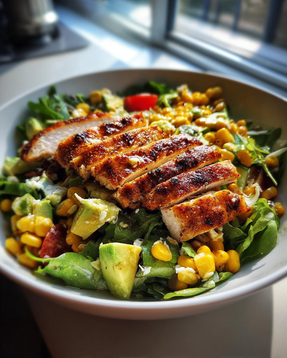 Bowl of grilled chicken salad with avocado, corn, greens, and tomatoes.