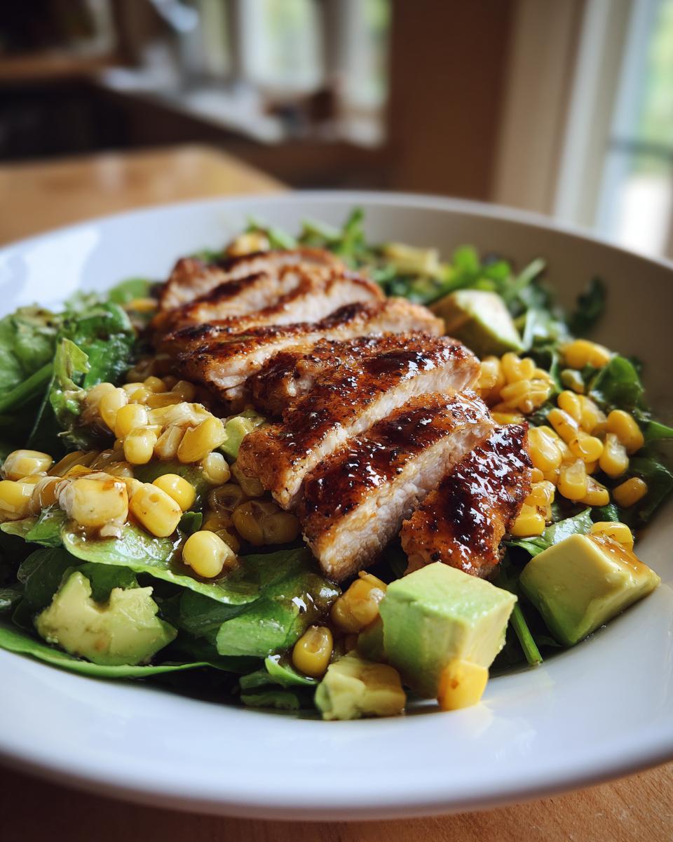 Grilled chicken salad with avocado and corn served in a white bowl on a wooden table.