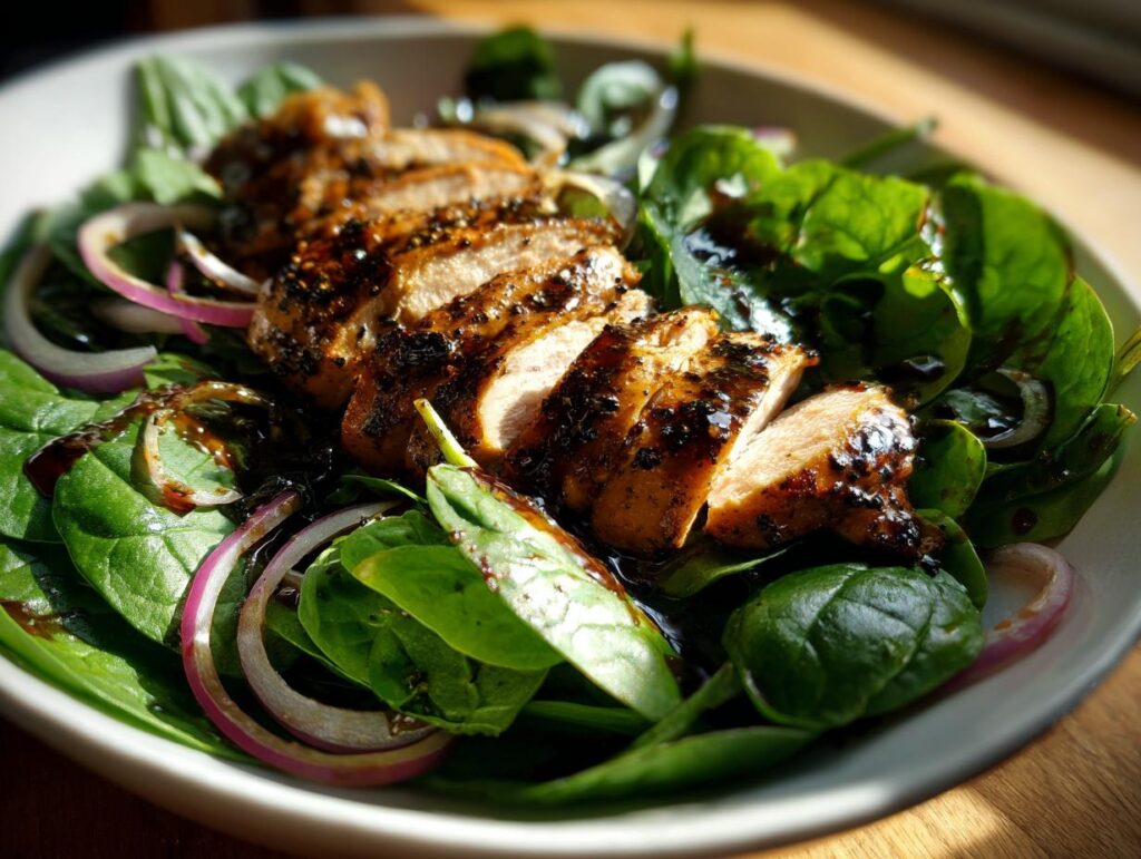 Sliced grilled chicken breast on fresh spinach salad with red onion and balsamic dressing