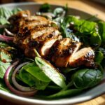 Sliced grilled chicken breast on fresh spinach salad with red onion and balsamic dressing