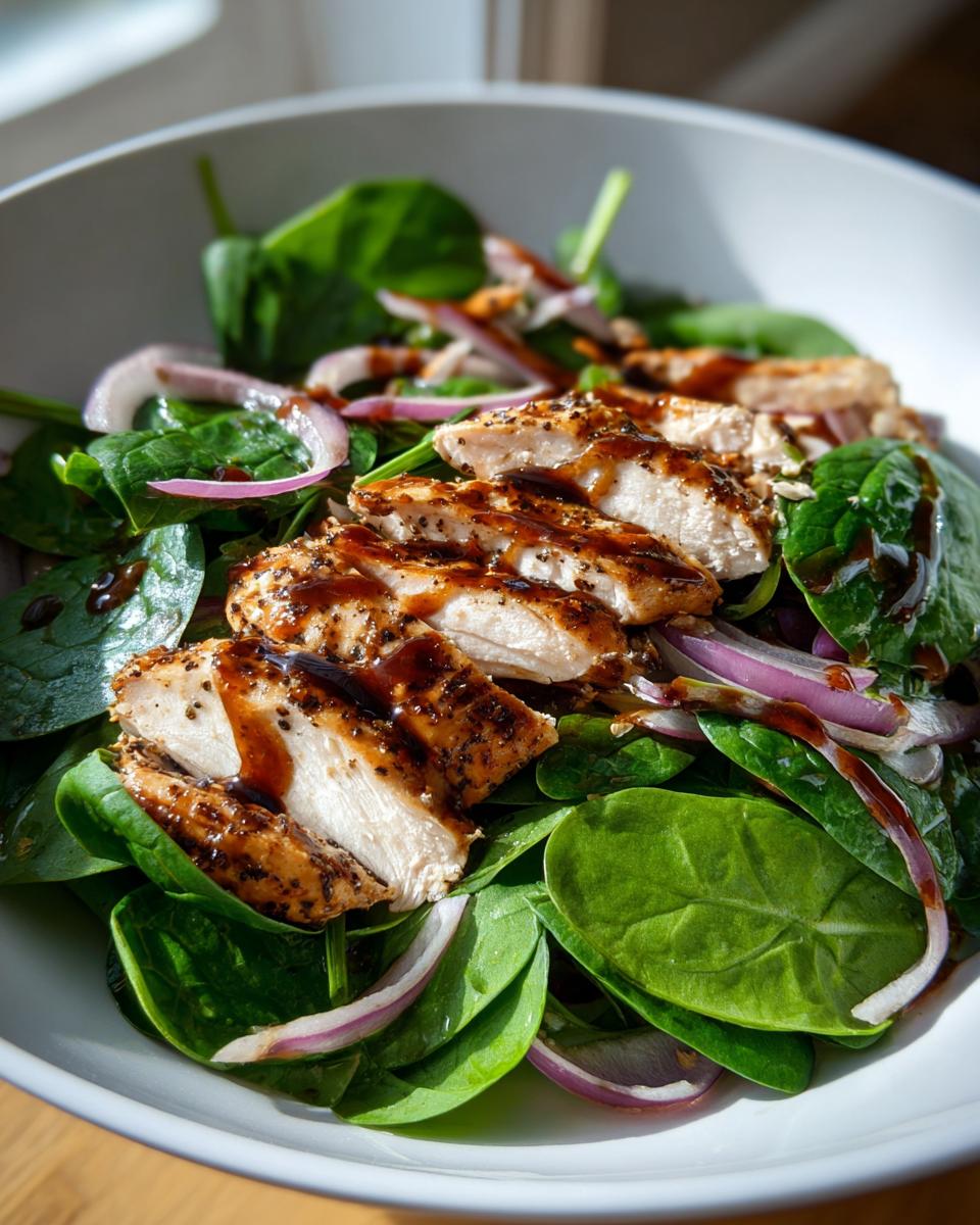 Bowl of chicken and spinach salad with balsamic, featuring grilled chicken slices, fresh spinach, and red onion.