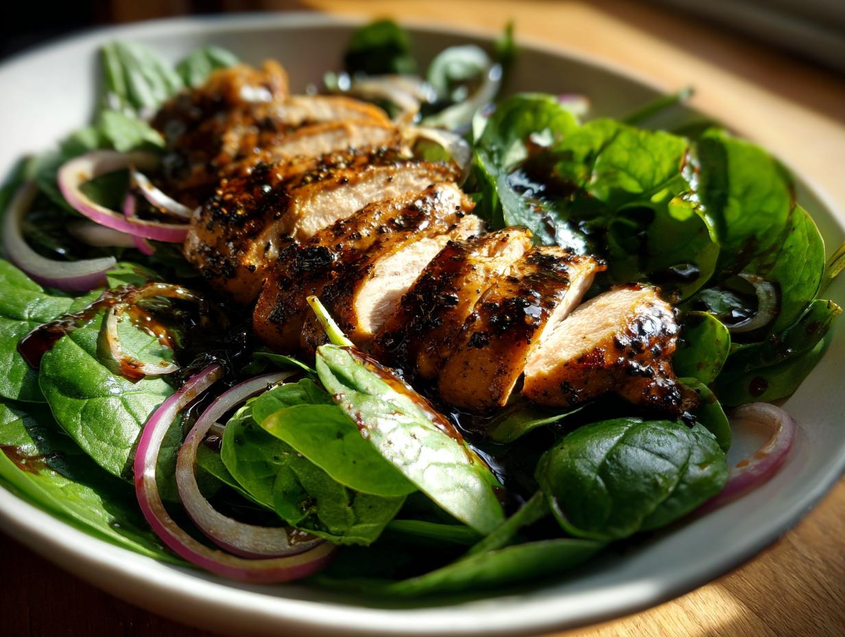 Sliced grilled chicken breast on fresh spinach salad with red onion and balsamic dressing