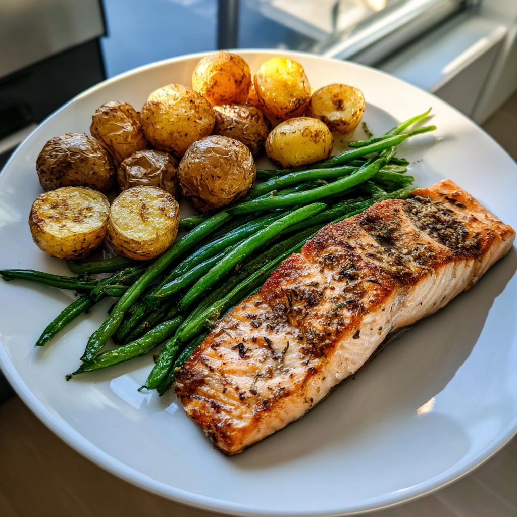 Plate of salmon with green beans and roasted potatoes, seasoned and cooked to perfection.