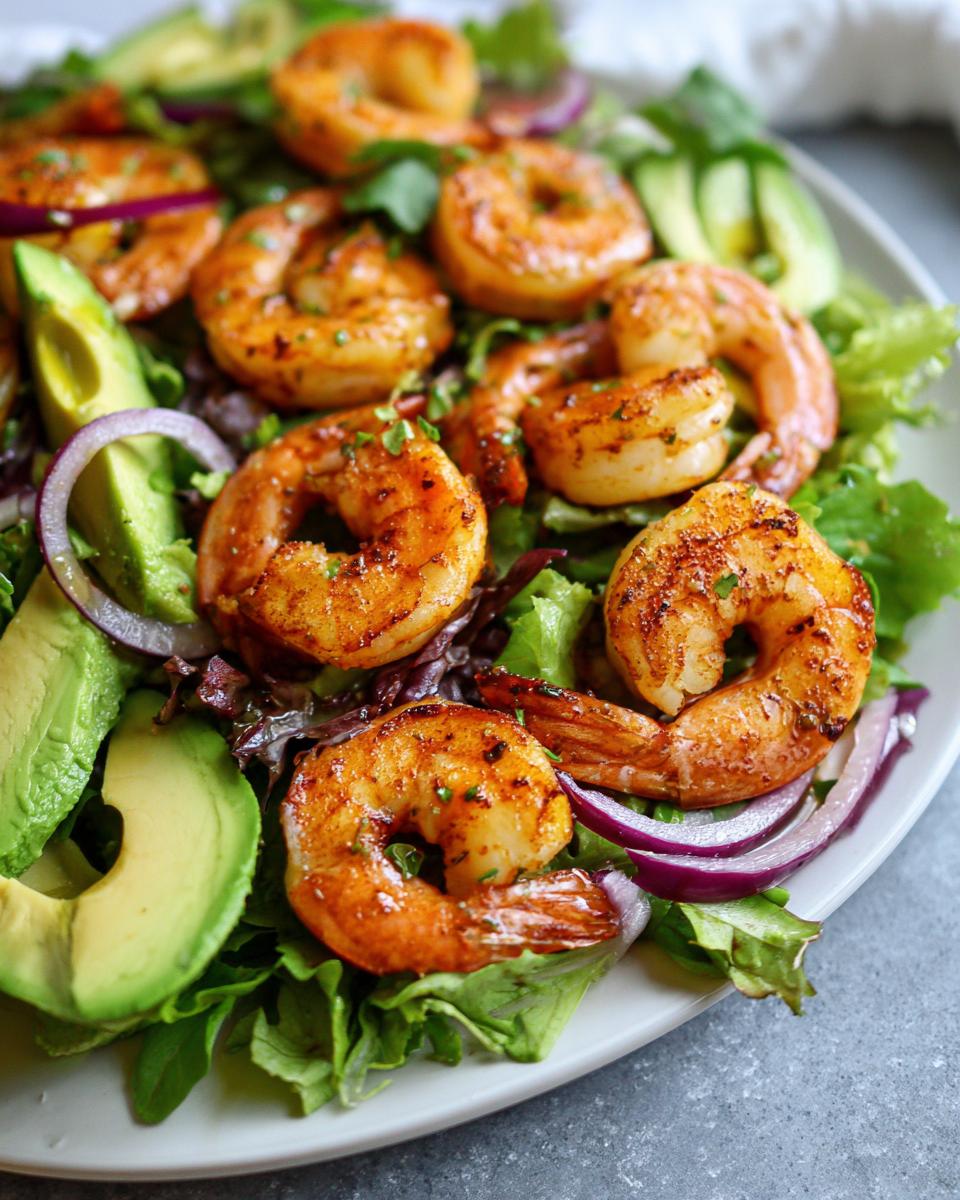 Close-up of grilled shrimp salad with citrus dressing, avocado slices, and red onion on mixed greens.
