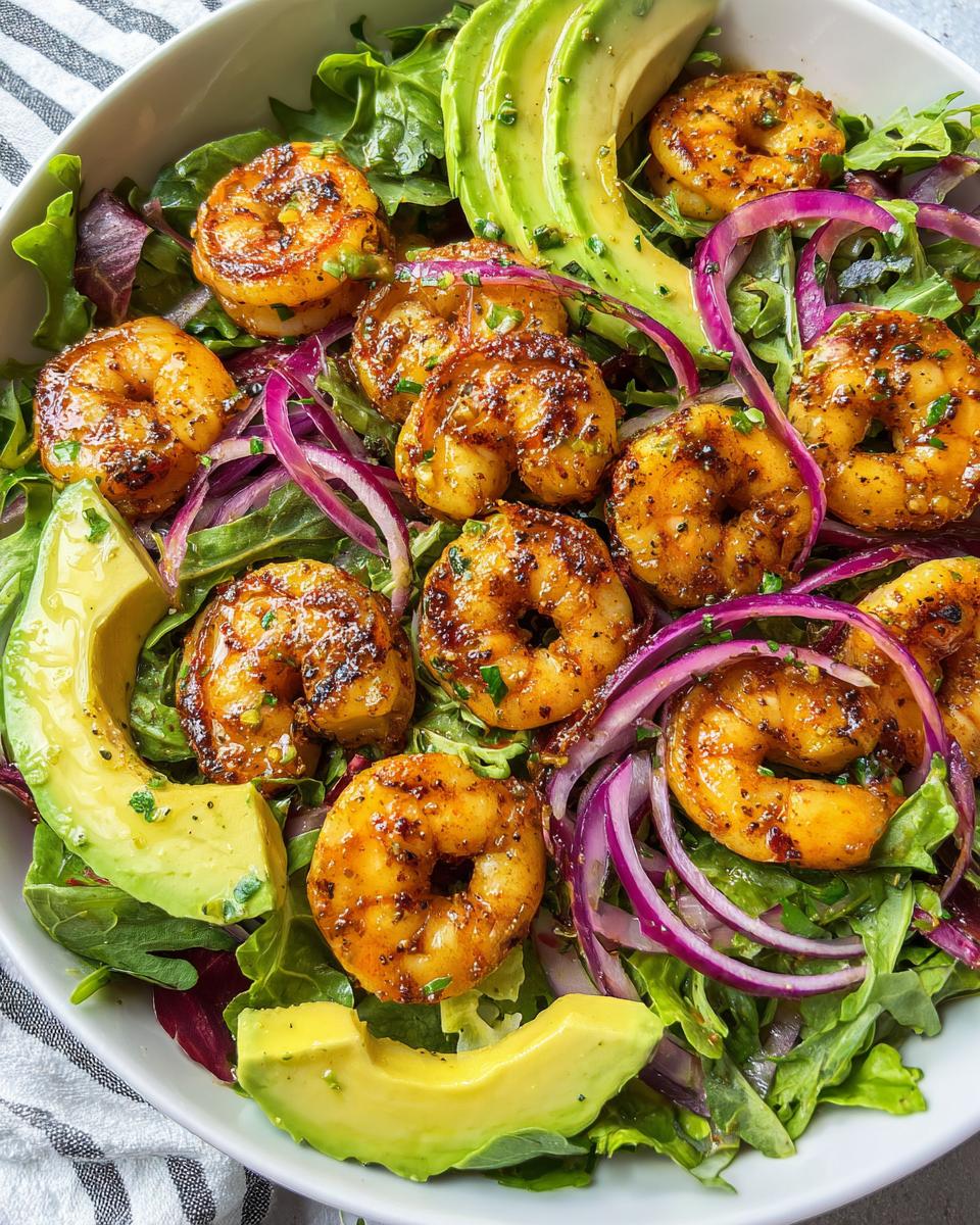 Close-up of grilled shrimp salad with citrus dressing, avocado slices, and red onion on greens.