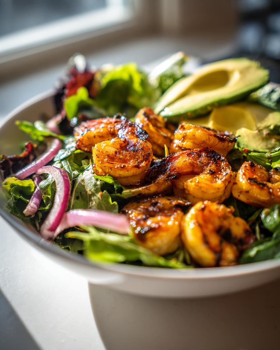 Close-up of grilled shrimp salad with citrus dressing, avocado, red onions, and mixed greens.