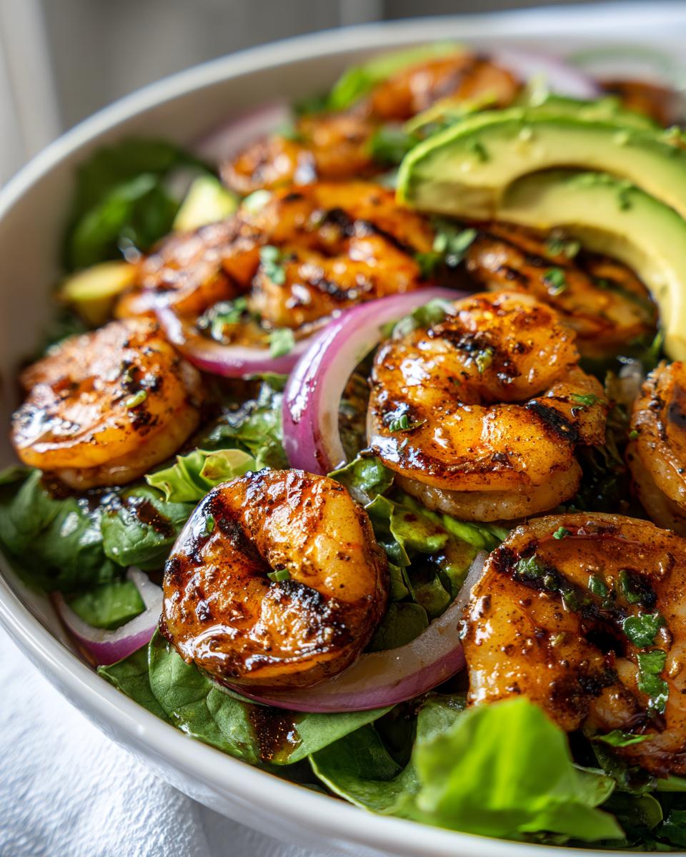 Close-up of grilled shrimp salad with citrus dressing, avocado slices, red onion, and greens.